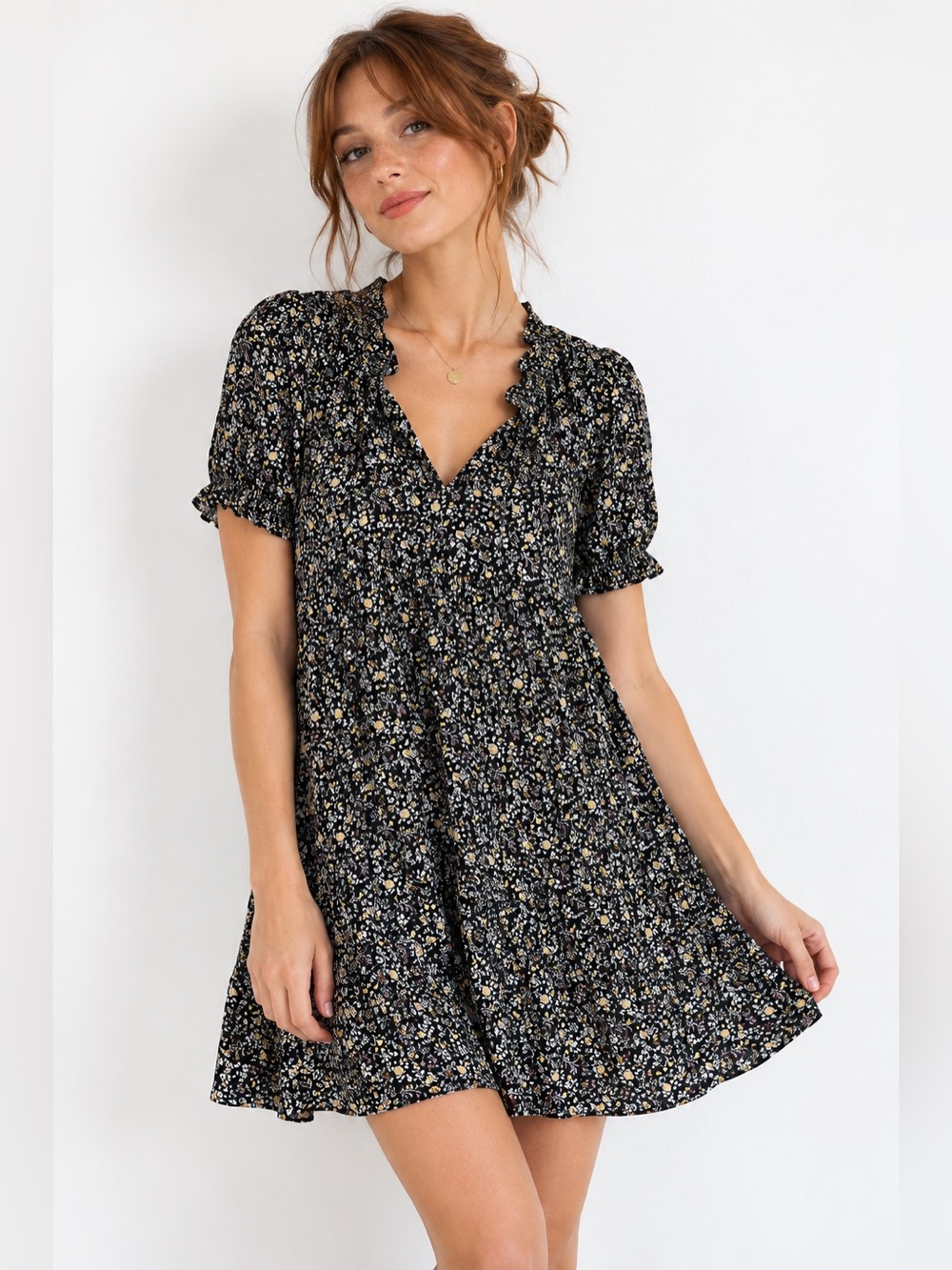 Madewell Black Ditsy Floral Ruffle Mini Dress Size M